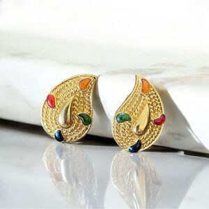 Vintage Avon Paisley Elegant Gold Teardrop Earrings with Multicolor Accents.